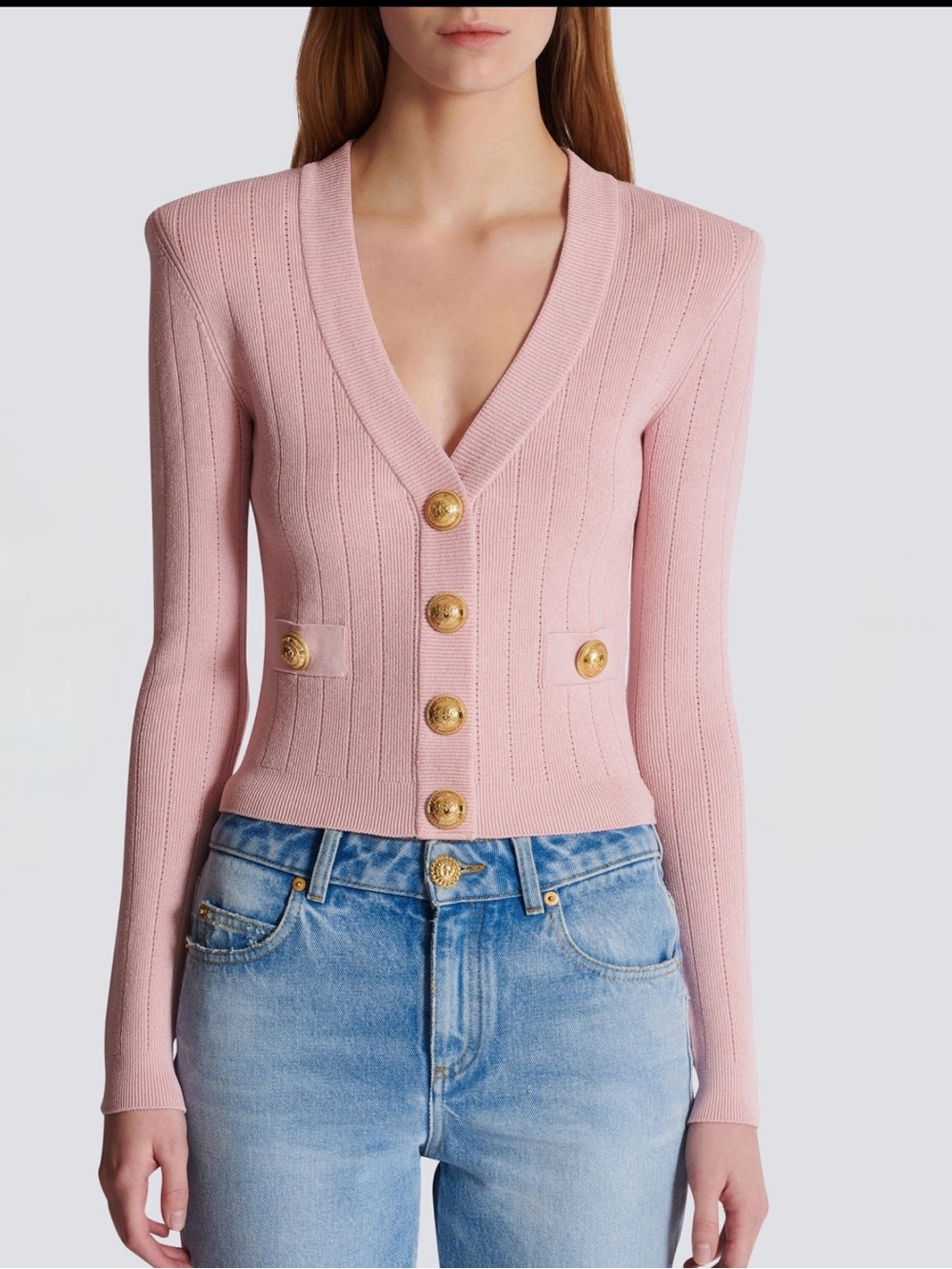 Balmain Paris cropped Ribbed Knit Gold Button Cardigan Sweater